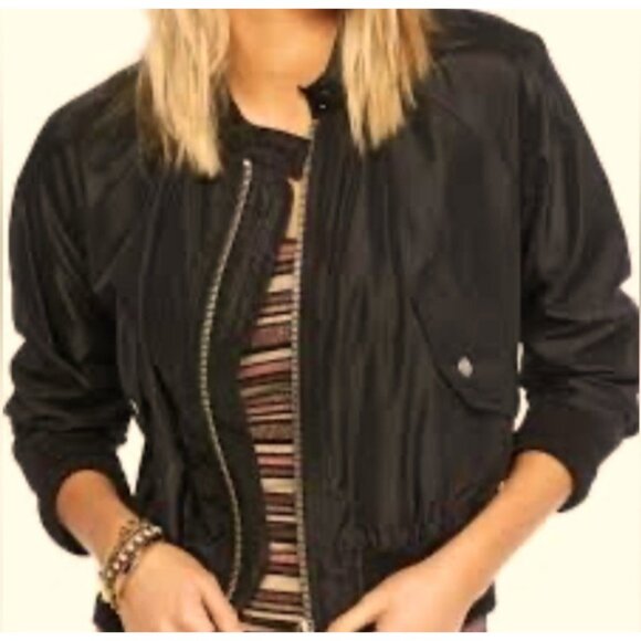 Free People Womens Black Ribbed Cuff Satin Full Zip Midnight Bomber Jacket S - Picture 1 of 10